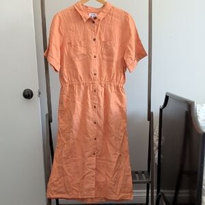 525 America Peachy Orange Button-Up Linen Midi Dress, Size L